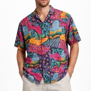 Silk Club Men's 100% Silk Button Down Multicolor Art Print Shirt Size XL